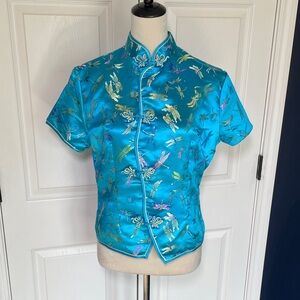 Vintage Peony Brand Shanghai Turquoise Mandarin Collar‎ Dragonfly Embroidery Top